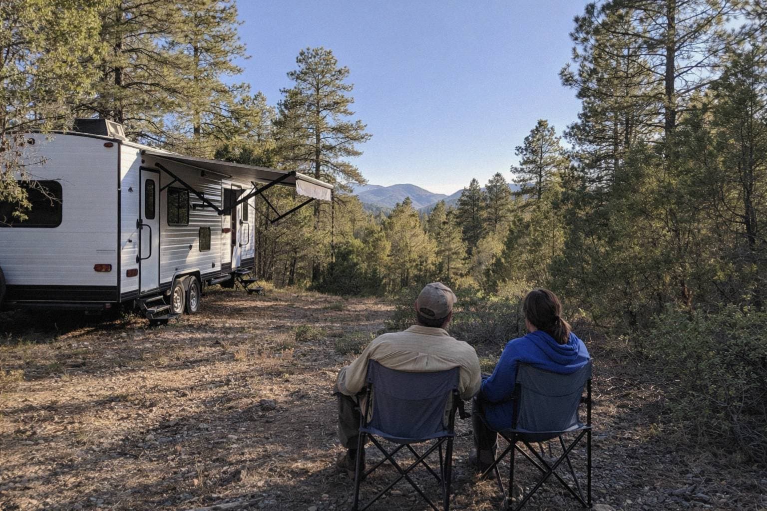 Illustration: a travel trailer among the pines on a lot like this one