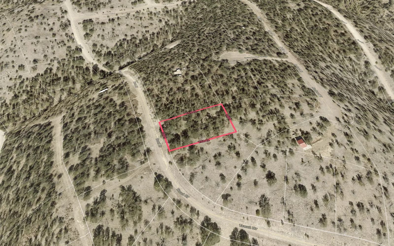 Illustration: TimberView 3D parcel view with lot dimensions, terrain exaggerated 2x