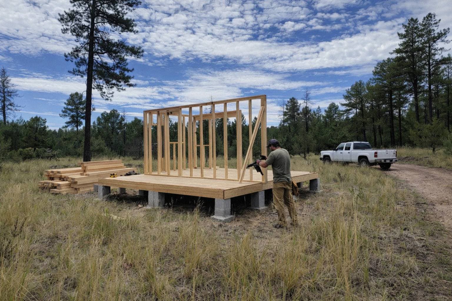 Illustration: framing a cabin on a lot like this one