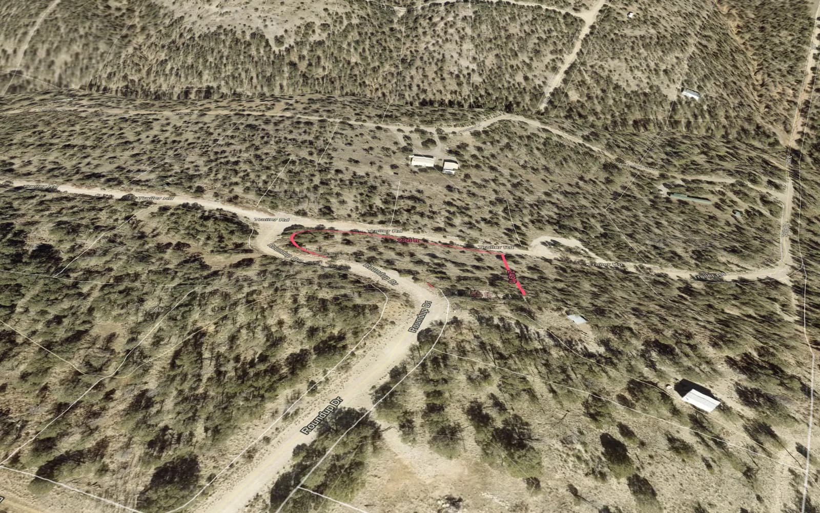 Illustration: TimberView 3D parcel view with lot dimensions, terrain exaggerated 2x