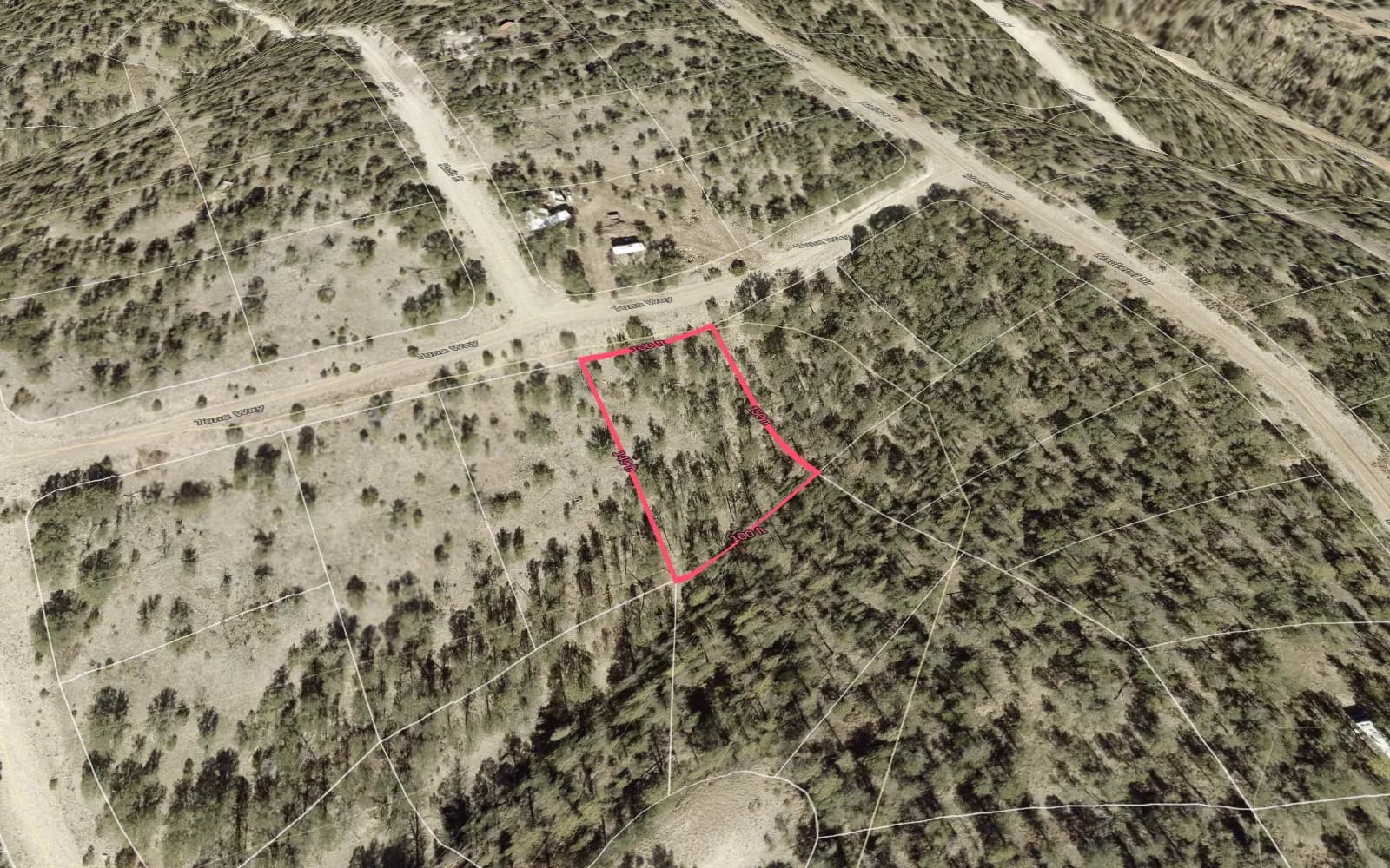 Illustration: TimberView 3D parcel view with lot dimensions, terrain exaggerated 2x