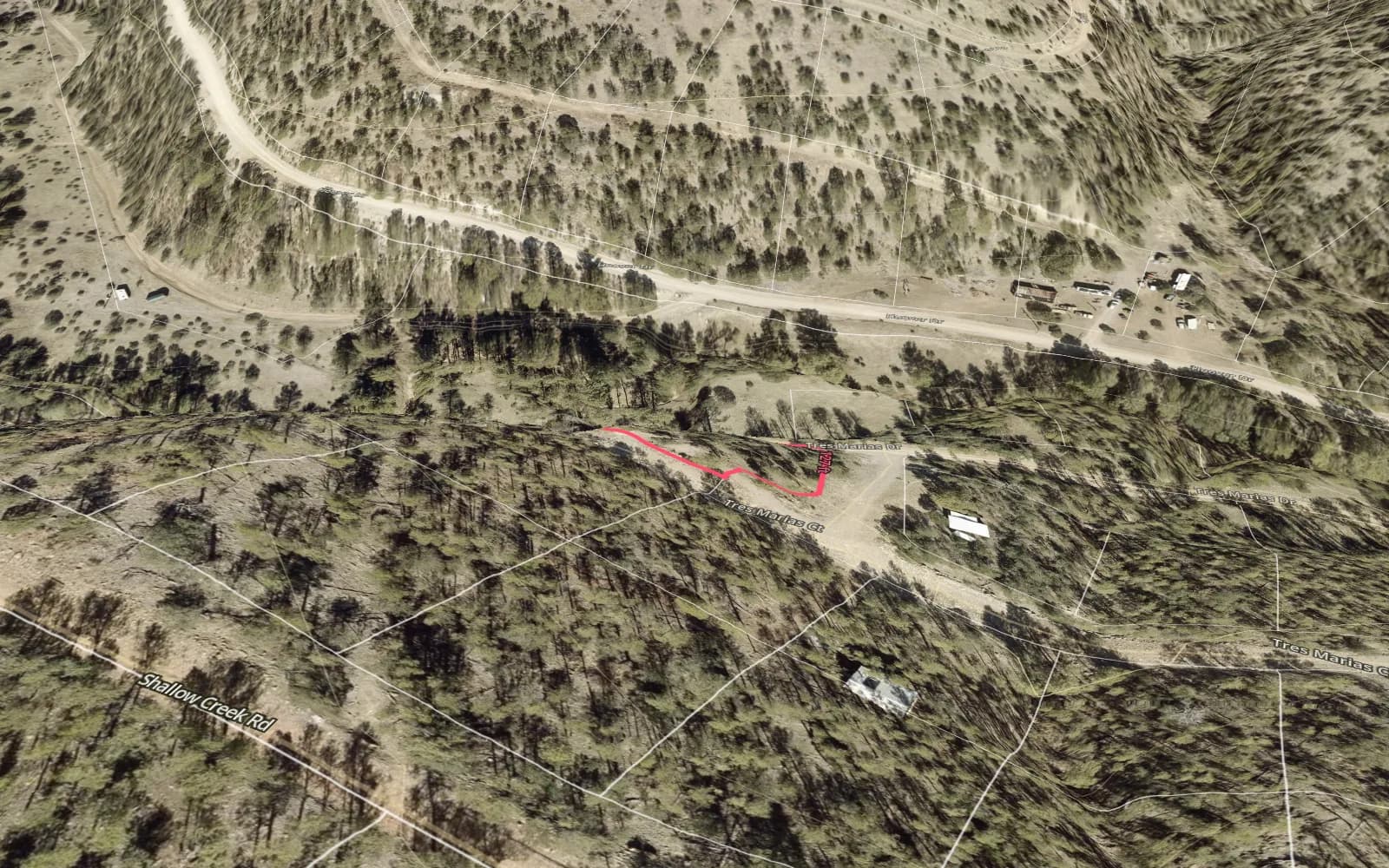 Illustration: TimberView 3D parcel view with lot dimensions, terrain exaggerated 2x