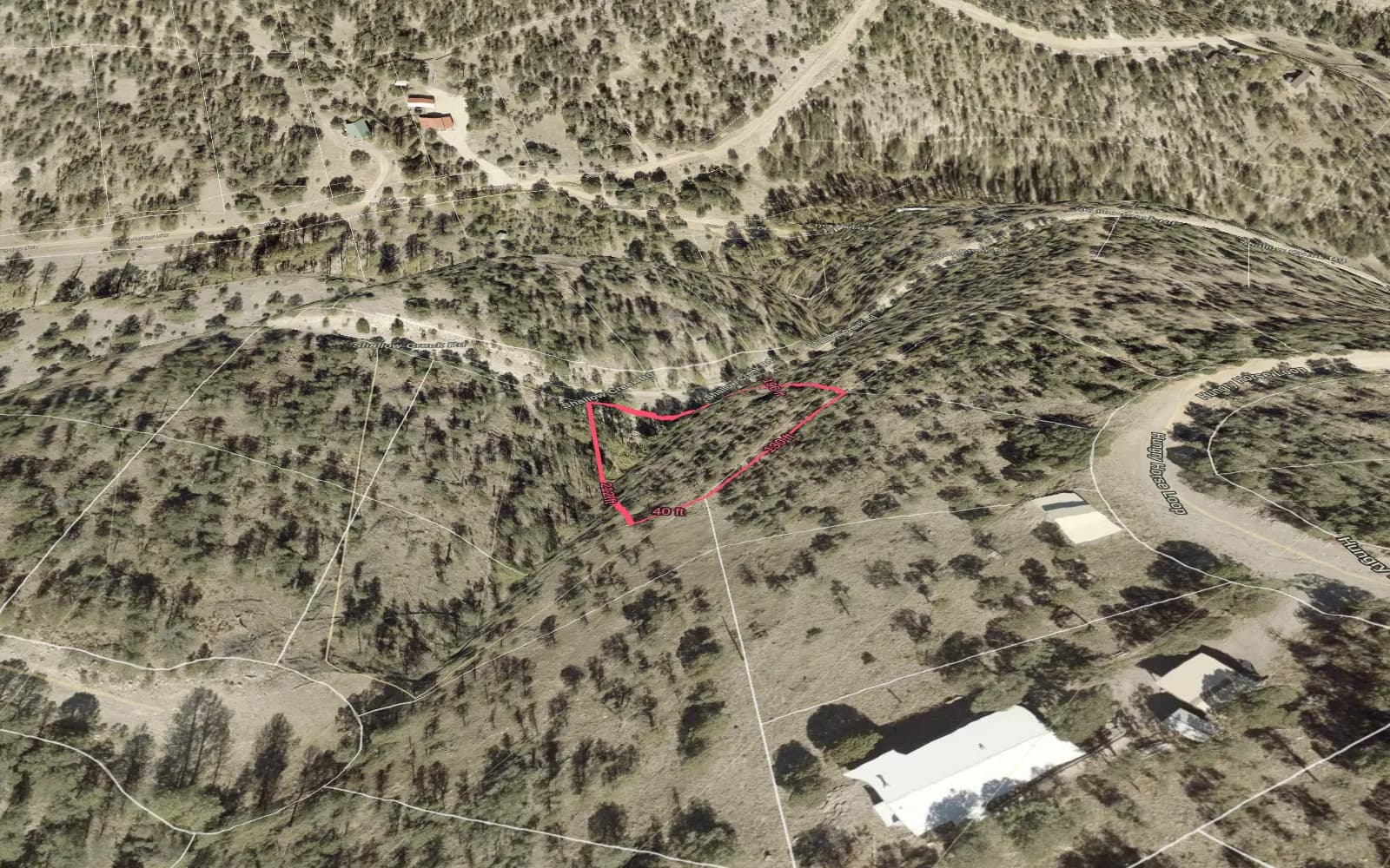 Illustration: TimberView 3D parcel view with lot dimensions, terrain exaggerated 2x