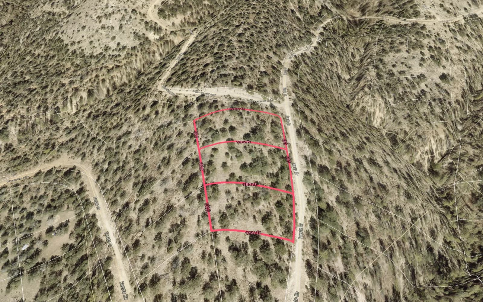 Illustration: TimberView 3D parcel view with lot dimensions, terrain exaggerated 2x