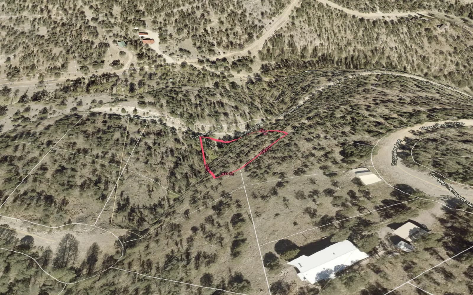 Illustration: TimberView 3D parcel view with lot dimensions, terrain exaggerated 2x