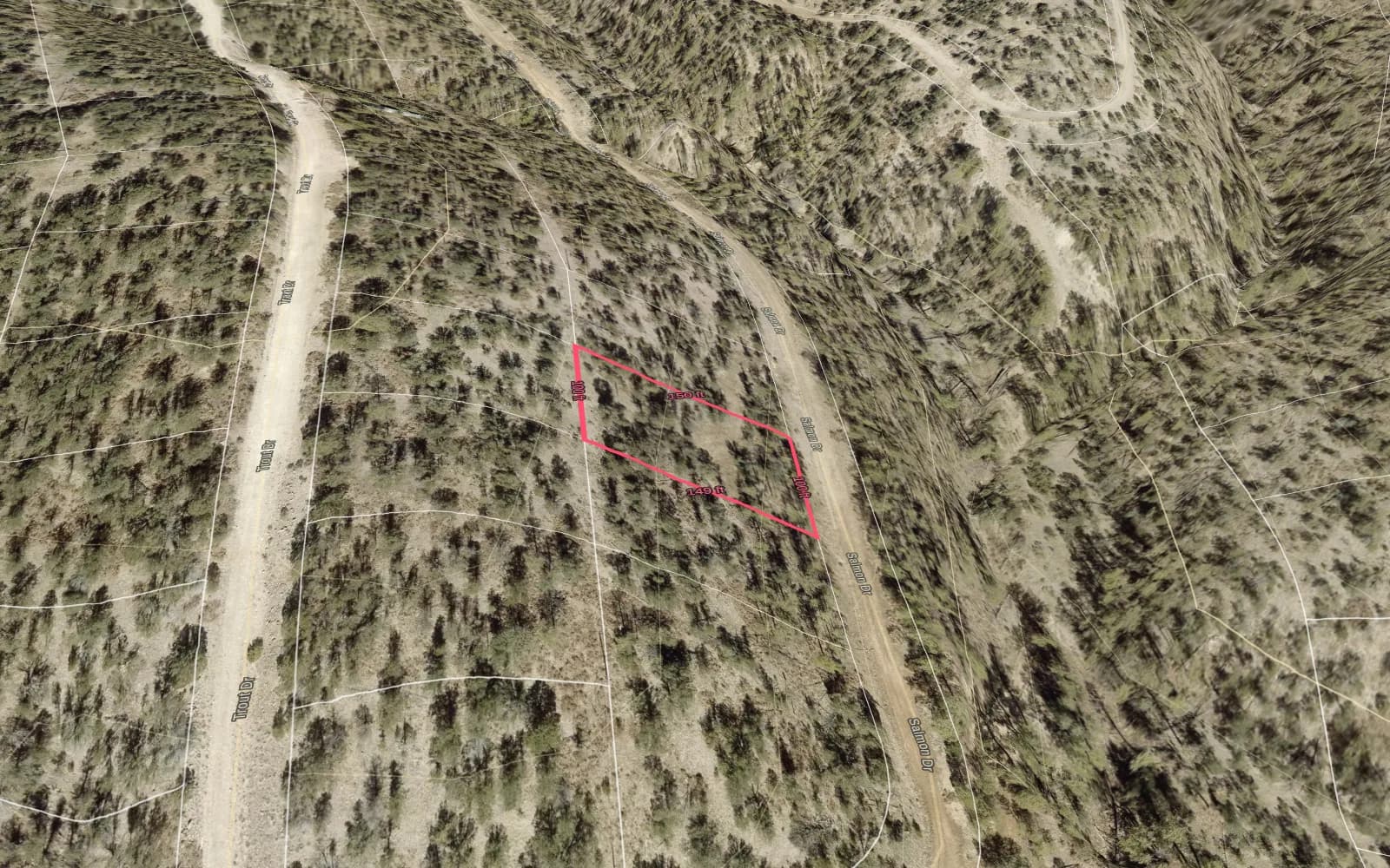 Illustration: TimberView 3D parcel view with lot dimensions, terrain exaggerated 2x