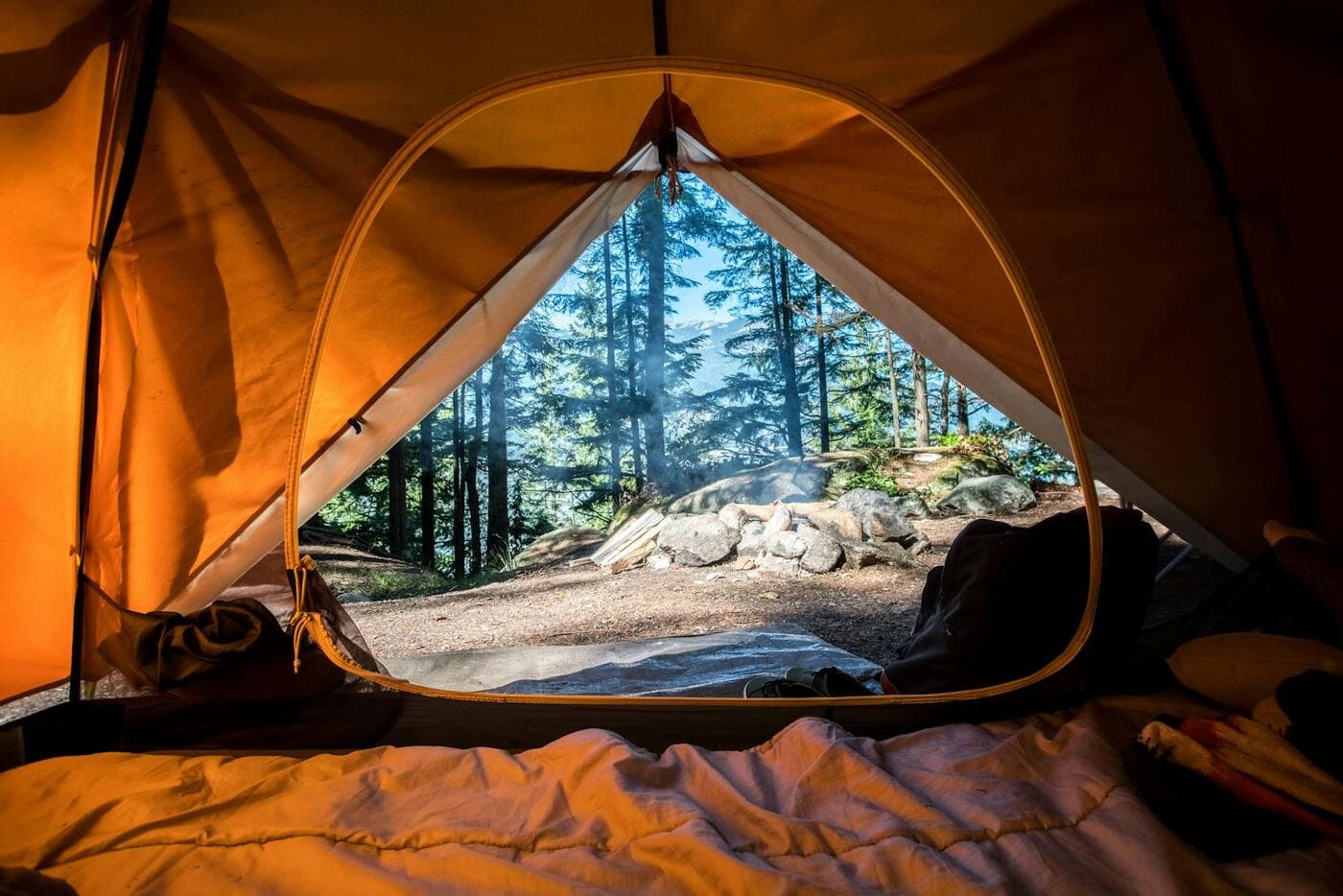 Camping under tall pines in the mountains